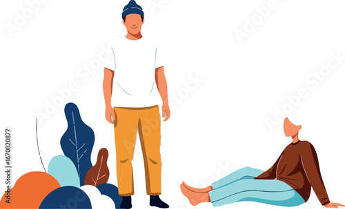 Two young people relaxing outdoors casual clothing modern flat vector design illustration