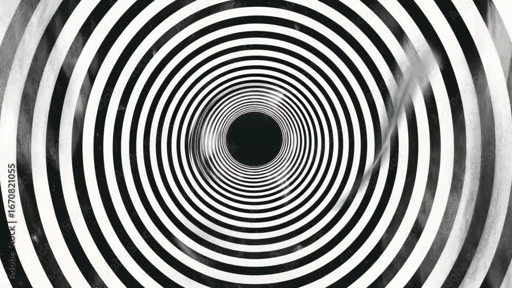 A hypnotic black and white spiral pattern viewed from a central angle, creating a tunnel effect. Ideal for a retro or psychedelic video backdrop. Live desktop wallpaper.
