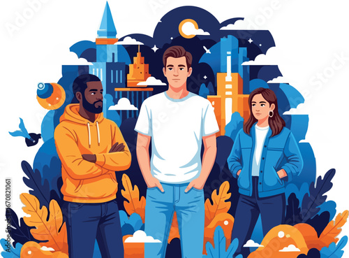 Diverse young adults standing confidently with urban cityscape background in modern casual clothing vector illustration