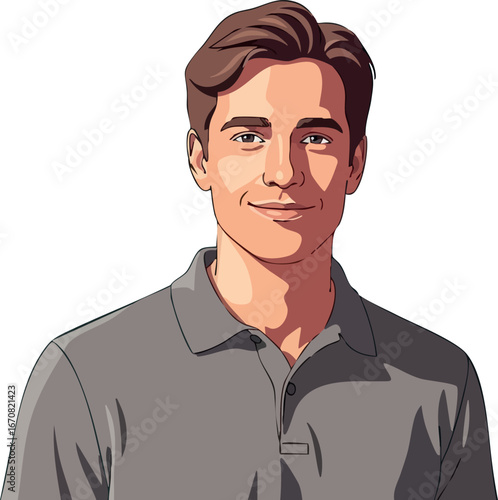Young man with brown hair wearing grey polo shirt casual portrait vector illustration