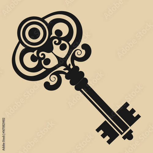 Ornate vintage key silhouette with decorative scrollwork isolated on white background