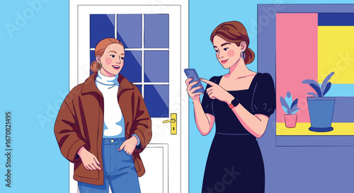 Two women socializing indoors casual outfit and smartphone usage vector illustration