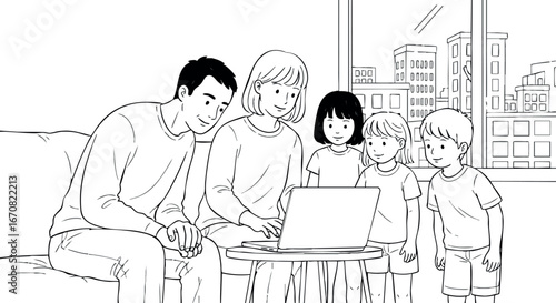 Family using laptop together at home in modern apartment with city view in background technology lifestyle scene