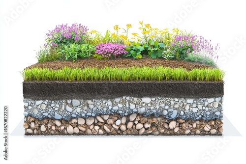 Cross-section of a rain garden system with layered soil and filtration for stormwater management. White background.