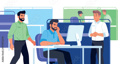 Office coworkers discussing project teamwork collaboration in modern workspace vector illustration
