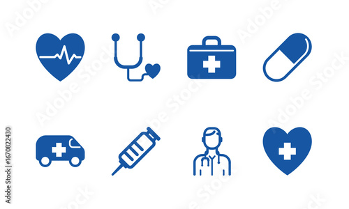 Healthcare icon vector set featuring medical symbols, health, care, heart, doctor, nurse, hospital, clinic, medicine, pill, vaccine, ambulance, stethoscope.