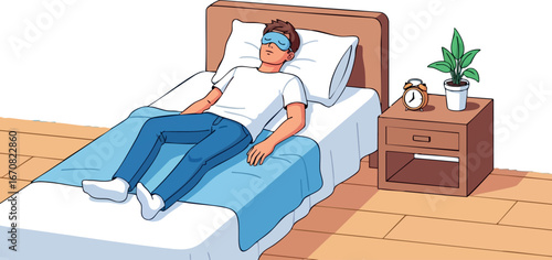 Man resting on bed wearing sleep mask relaxing in cozy bedroom vector illustration
