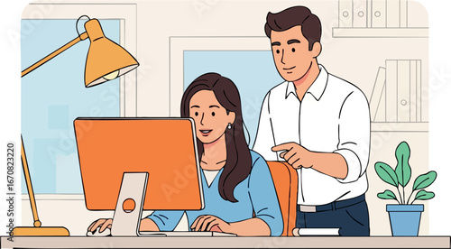 Man helping woman with computer work in modern office environment vector illustration