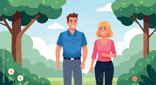Man and woman walking together in park enjoying nature and fresh air outdoor activity