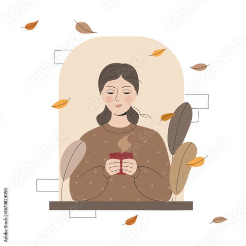 Cozy hand drawn illustration of a girl in warm sweater looking out window, holding steaming cup of coffee or tea. Autumn leaves flutter in the wind outside. Design for seasonal social media content.