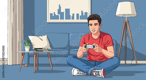 Young man sitting on floor playing video game controller in modern living room interior with blue sofa and lamp