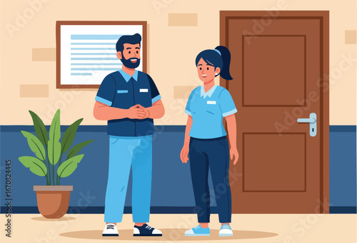 Two people talking inside room with wooden door and potted plant vector illustration