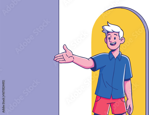 Young man welcoming with open hand gesture next to blank board for message or advertisement vector illustration