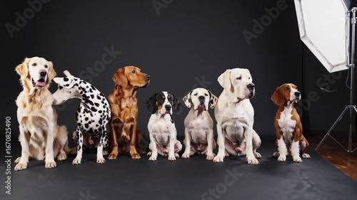 composed studio of multiple canines arranged on dark backdrop