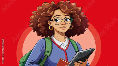 Young curly student woman wearing backpack glasses holding books and tablet over isolated red background.