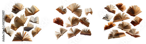 Scattered vintage open books with fanned pages isolated on transparent background