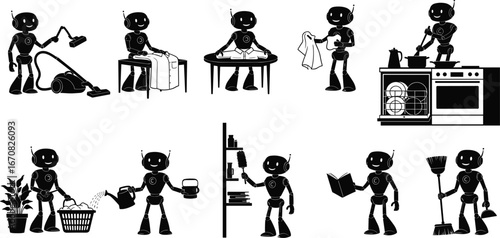 Cute robot doing house chores, vacuuming, ironing, folding clothes, dishwashing, cooking, watering plants, cleaning shelves, reading, sweeping, smart helper, home maintenance