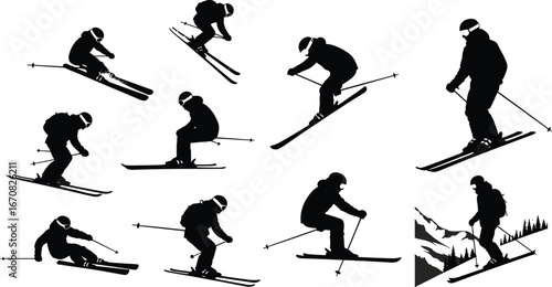Silhouettes of skiers skiing downhill, jumping, carving, winter sports action, ski adventure, snow mountain skiing, black vector art, outdoor winter activity, extreme sports set