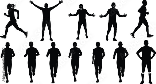 Silhouettes of runners in various poses with some expressing surprise or shouting, jogging and standing still