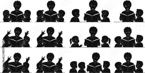 Man reading book to children in multiple group settings, storytelling, teaching, and learning moments, black and white vector silhouettes