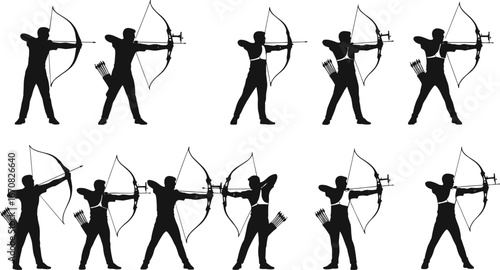 Vector silhouettes of male archers in action, practicing target shooting with detailed Olympic-style bows and archery gear