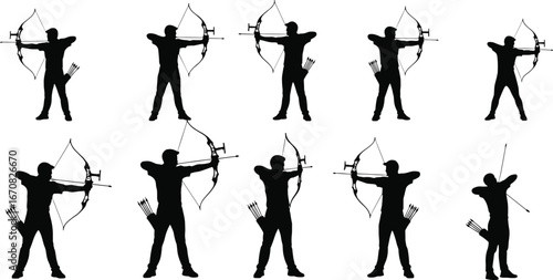 Vector silhouettes of male archers aiming with bows, set of precision archery poses for sport, competition, or training concepts