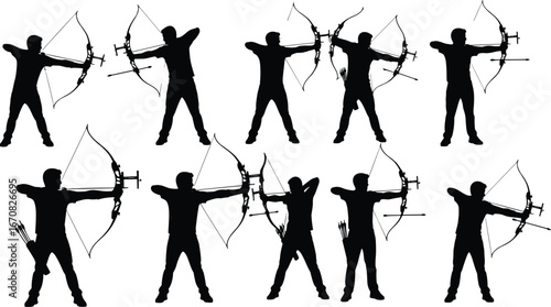 Silhouettes of male archers aiming and shooting with bows, vector set for archery, sport, and precision concepts