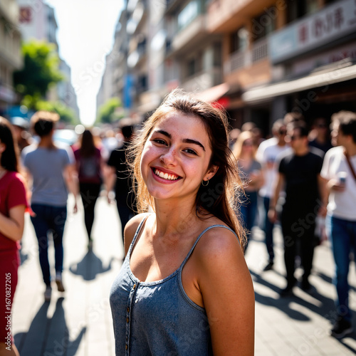 Jeune femme souriant en marchant dans une rue urbaine animée