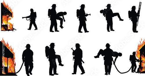 Silhouettes of firefighters rescuing people, extinguishing flames, carrying hose, and climbing ladder at burning building – emergency fire rescue