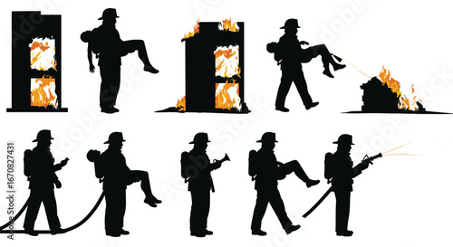 Silhouettes of firefighters rescuing people and extinguishing fires with hoses and equipment – emergency fire rescue and safety actions