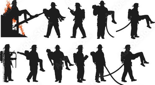Firefighter silhouettes rescuing injured people and battling fires with 