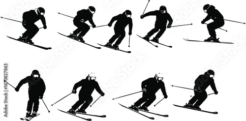 Silhouettes of skiers in motion, ski jump, downhill skiing, alpine winter sport, snow gear, vector artwork, cold adventure