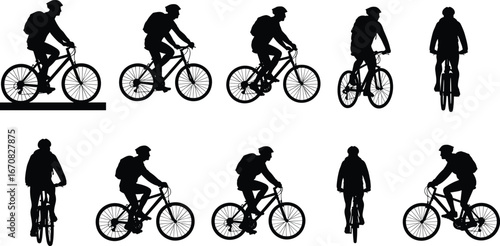 Cyclist silhouettes riding bicycles on flat terrain, outdoor activity, urban commuting, healthy lifestyle, backpack riders, vector black graphic