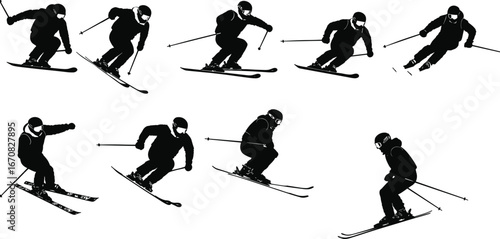 Skiing silhouettes of skiers in motion, downhill slope, winter sports, snow gear, alpine skiing, vector illustration, outdoor adventure