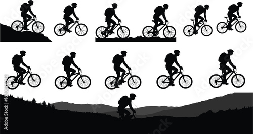 Mountain biking silhouette with backpack, cycling outdoors, trail riding, adventurous sport, nature exploration, active lifestyle, mountain landscape, outdoor recreation
