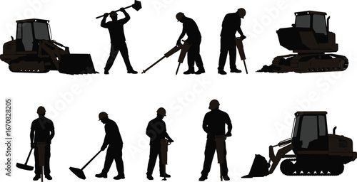 Silhouette construction workers with machinery, working with jackhammers, shovels, and heavy equipment, construction site labor, worker tools