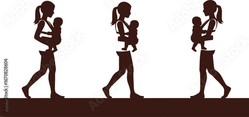 Silhouette of mother carrying baby in front carrier, walking steps, mom and infant bonding, parenting concept, child care, family love, motherhood illustration