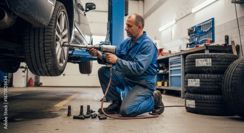 A skilled male professional mechanic working on a car tire in an automotive repair workshop, using a pneumatic wrench during vehicle service