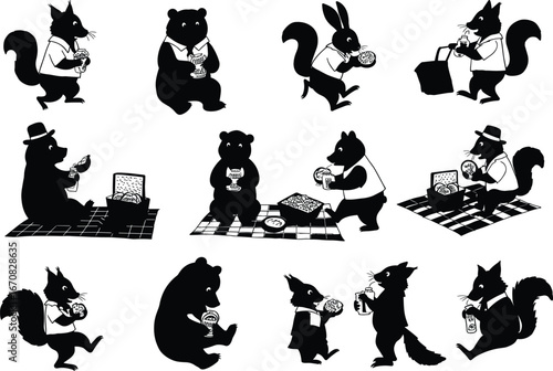 Whimsical picnic scene with squirrels, bears, and foxes dressed in shirts, enjoying snacks, drinks, and a checkered picnic blanket