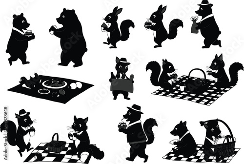 Cartoon animals having picnic in forest, cute bears and squirrels eating snacks, picnic blanket, fun lunch outdoors, animal friends, food, nature, summer gathering, forest feast