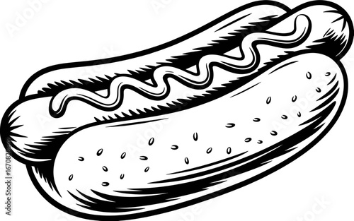 Monochrome Hot Dog Illustration with Mustard Drizzle and Textured Bun Detailed Black and White Drawing