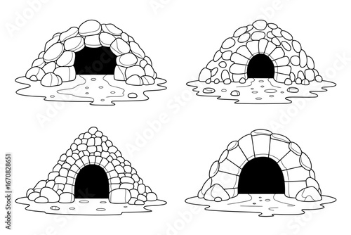 Four Stone Caves Illustration Black and White Line Art Variety of Shapes and Textures for Coloring Books and Educational Resources