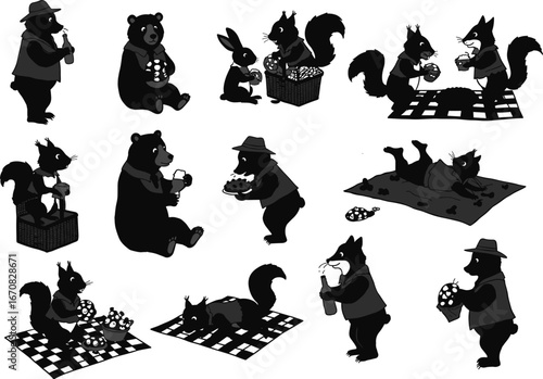 Charming animal picnic illustration with squirrels, bears, and foxes wearing vests and hats, enjoying food, drinks, and treats