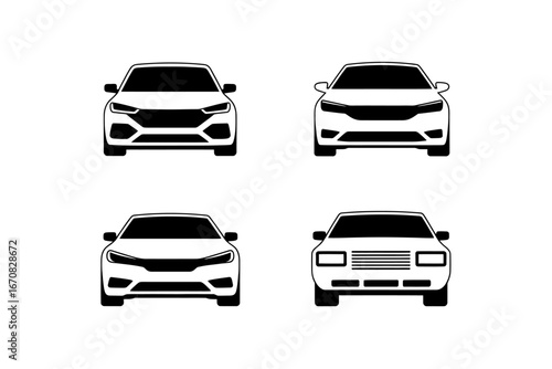 Four Different Car Front Silhouettes in Black and White Vehicle Design Concepts for Automotive Industry and Transportation