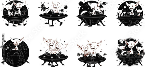 Cute cartoon aliens piloting UFO spaceships in outer space with stars and planets, playful extraterrestrial characters, sci-fi adventure