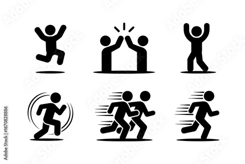 Collection of Stick Figure Pictograms Illustrating Action Movement Success Teamwork and Celebration on a White Background