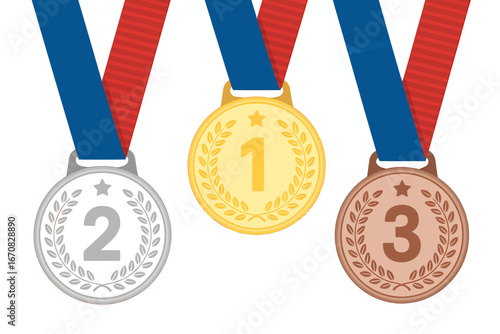 Gold Silver and Bronze Medals Hanging on Ribbons Representing First Second and Third Place Winners Achievement and Success