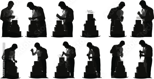 Digital painting silhouette of chef decorating cake, cake design, pastry art, culinary creativity, baking process, detailed cake decoration, isolated on white
