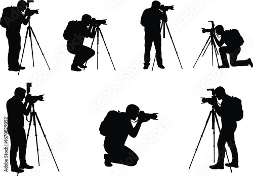 Silhouette of photographers using camera with tripod, professional photo shoot, kneeling and standing photography poses, isolated on white
