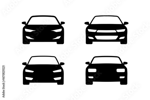 Set of Four Car Front View Silhouettes in Black Isolated on White Background Automotive Design Concepts and Transport Themes Vector Illustration